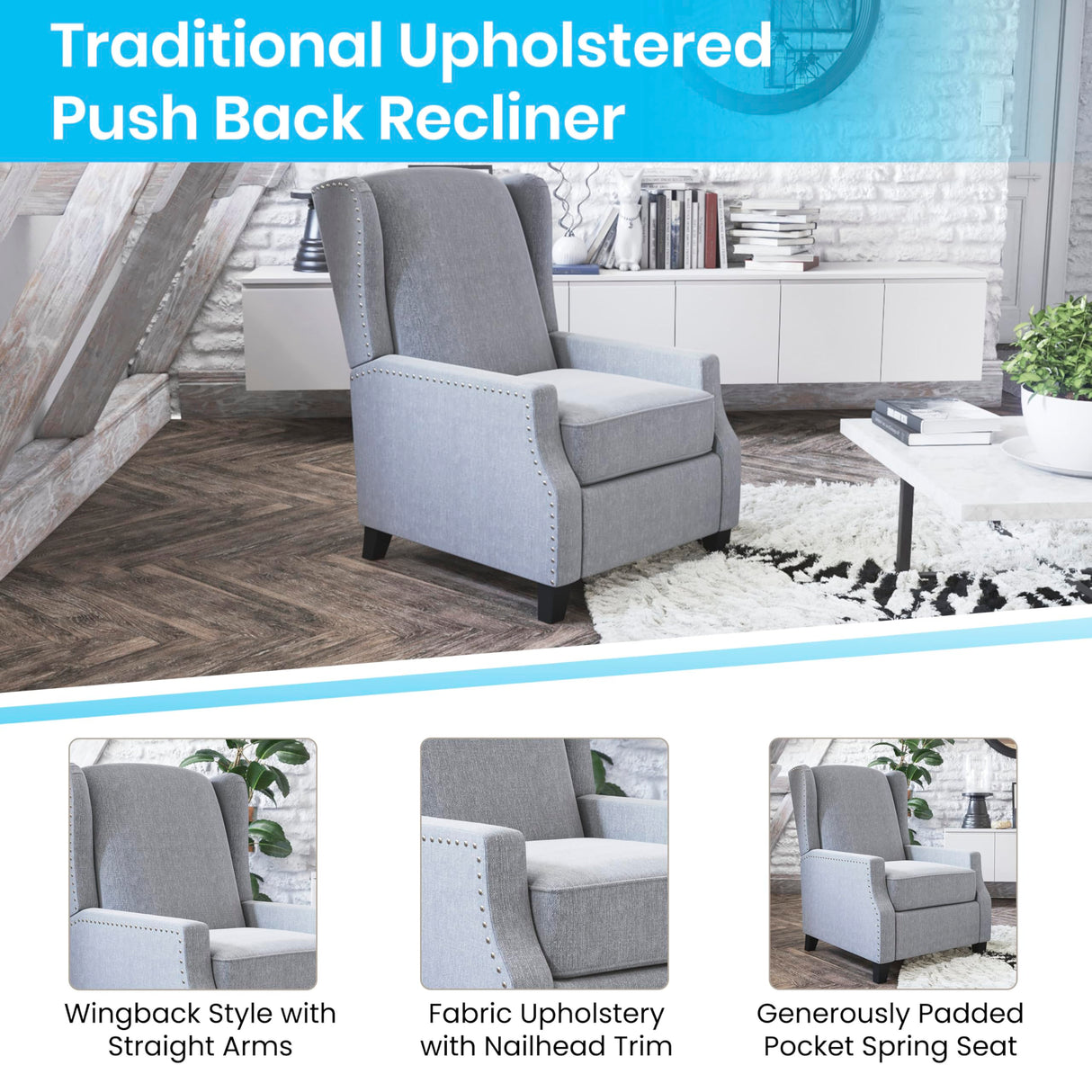 Taylor & Logan Maxfield Traditional Gray Fabric Upholstered Slim Wingback Recliner with Accent Nail Trim and Push Back Recline Taylor & Logan