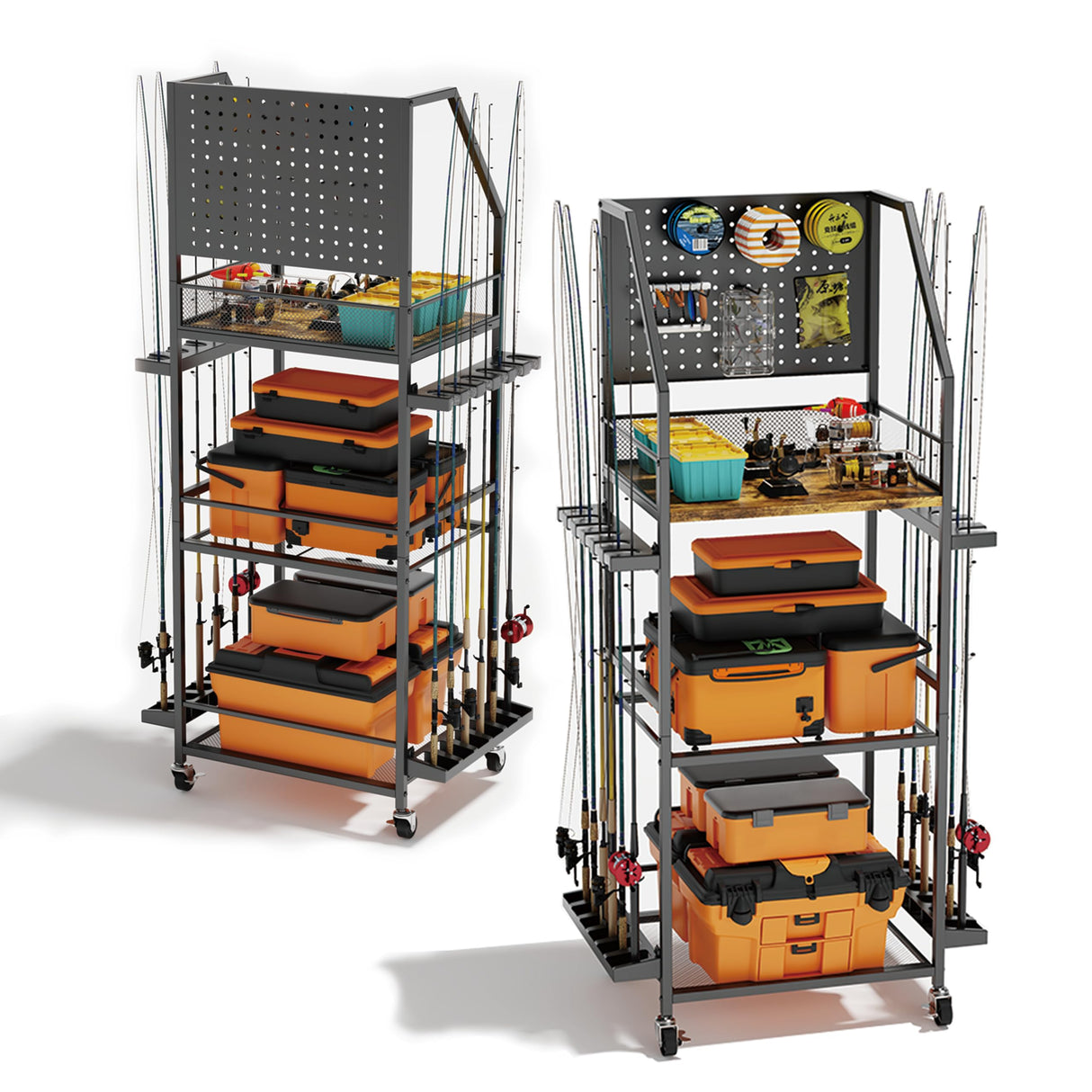 AQNTQCN Fishing Rod Holders for Garage, Fishing Pole Holders, 3-Tier Fishing Pole Rack Holds 12 Rods with Wheels for Garage, Basement or Indoor, For Fishing Rod Tackle Box Storage AQNTQCN