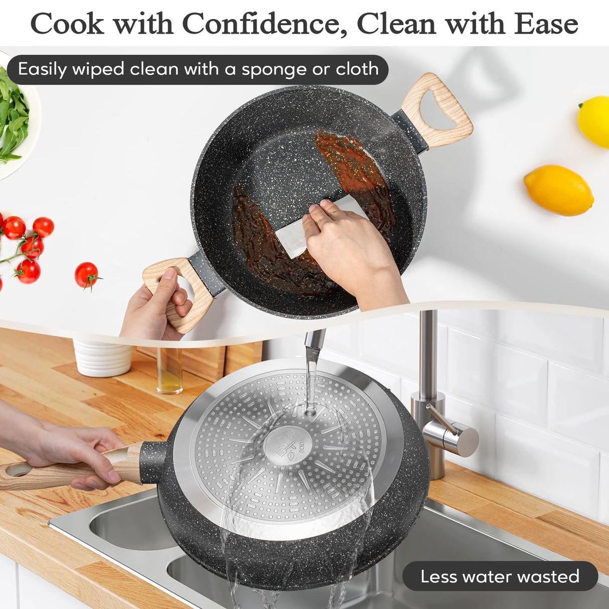 12 Pcs Pots and Pans Set Non Stick Kitchen Cookware Sets Nonstick Induction Cookware Black Granite Cooking Tools with Frying Pans, Saucepans, Steamer Silicone Shovel Spoon & Tongs (PFOS/PFOA Free) SODAY