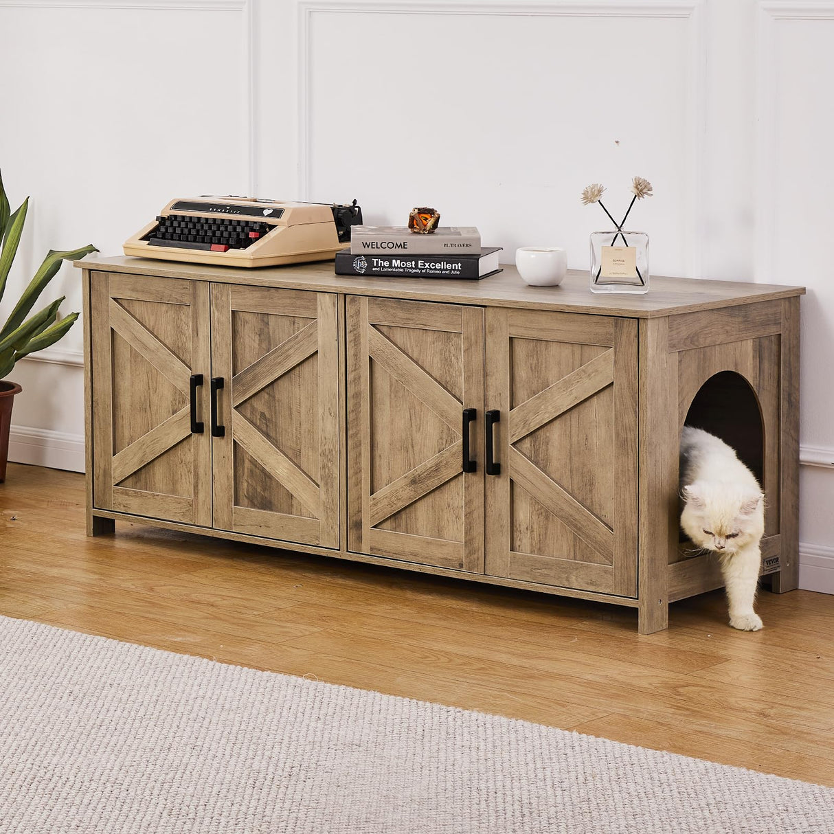 VEVOR Cat Litter Box Enclosure for 2 Cats, Litter Box Furniture Hidden with Double Rooms, Wooden Cat Box Cabinet Fit Most of Litter Box, 47.2" L x 18.5" W x 19.7" H, Greige VEVOR