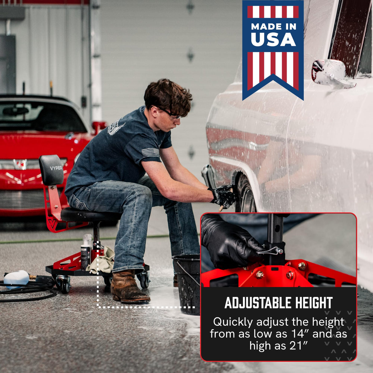 Vyper Robust Steel Sport Shop Chair for Mechanics, Automotive, DIY - 300 lb Capacity Garage Stool with Backrest and Large Wheels, Shop Stool (Black Seat, Blue Frame) Vyper Industrial