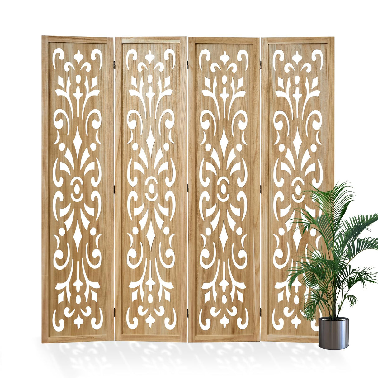 5.6Ft Room Divider Folding Wood Classical Carved Partition Screen for Home Office Garden - 4 Panels (Natural) Svimi