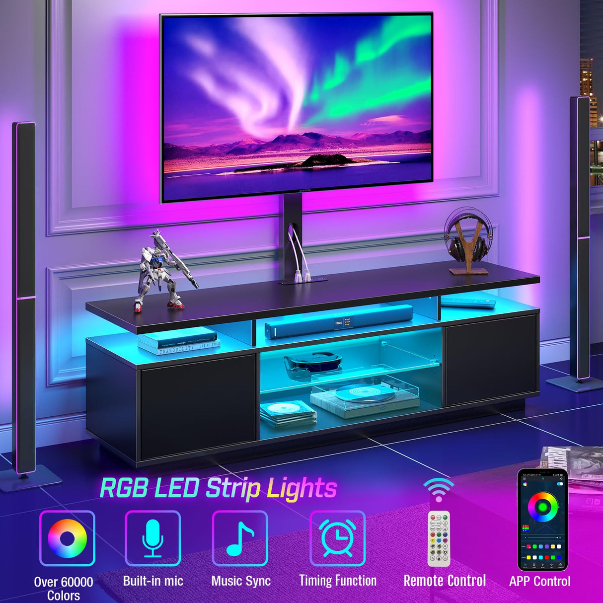 Rolanstar TV Stand with Mount and Power Outlet 59.1", Swivel TV Stand Mount for 32/45/55/60/65/70 inch TVs, Height Adjustable Modern Entertainment Center with Storage & LED Lights, Black TV Table Rolanstar