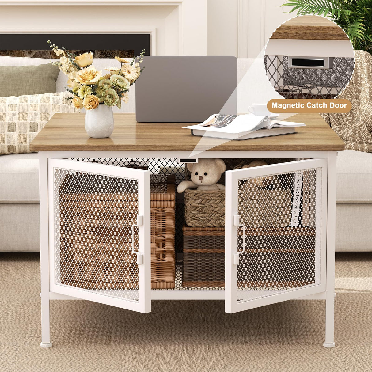 FABATO Lift Top Coffee Table, Square Coffee Table Metal Wood, Farmhouse Lift Up Coffee Table Cocktail Table with Wire Mesh Barn Door and Storage, Steel Frame, Small Tea Table for Living Room, White FABATO