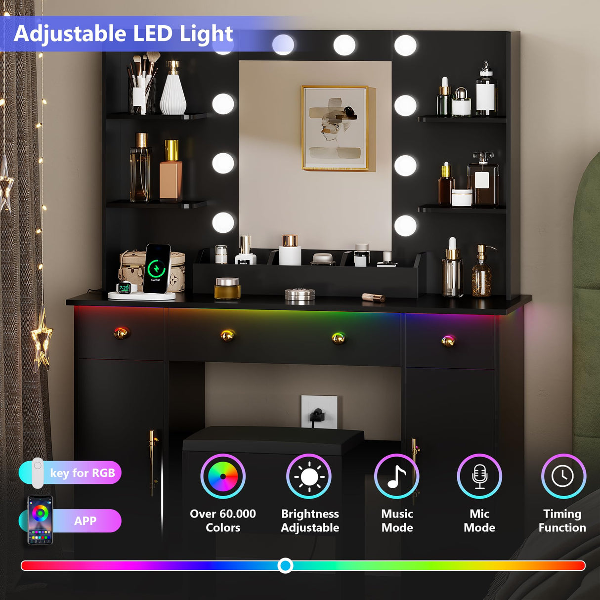 HUANLEGO Vanity Desk with Mirror and Lights, Black Makeup Vanity Mirror with RGB LED Lights, 3 Color Modes Adjustable Vanity Desk with Charging Station, 3 Drawers and Vanity Chair for Bedroom HUANLEGO