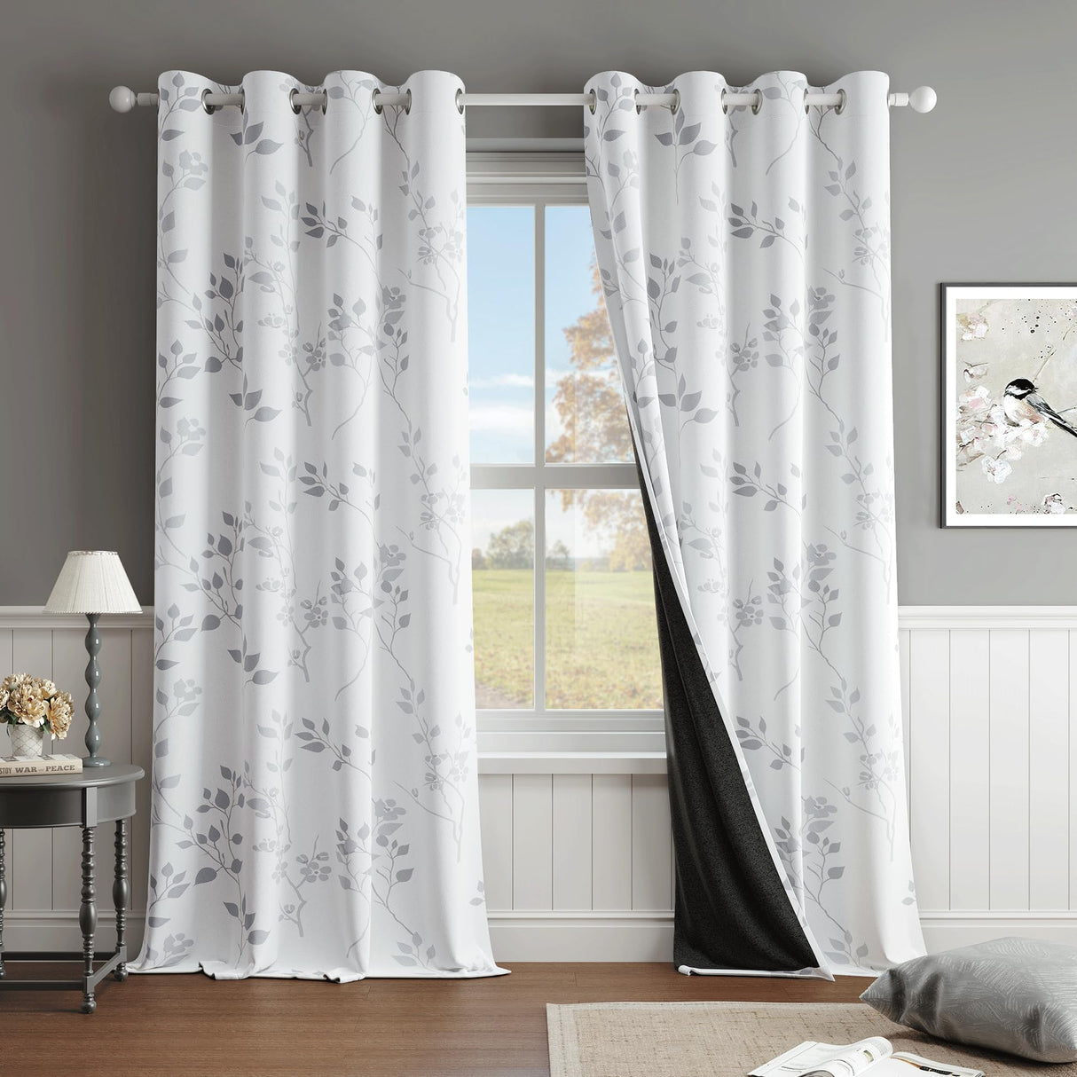 Beauoop Floral 100% Blackout Curtains 84 Inches Long 2 Panels for Bedroom Living Room Grey White Flower Patterned Room Darkening Thermal Insulated Soundproof Grommet Window Treatments Drapes, 52X84 Beauoop