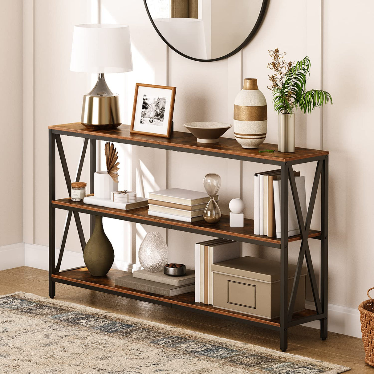 MAHANCRIS 55" Sofa Table, Industrial Console Table, 3-Tier Narrow Side Table with Open Shelves, Foyer Table for Entryway, Hallway, Kitchen, Living Room and Bedroom, Rustic Brown CTHR80401 MAHANCRIS