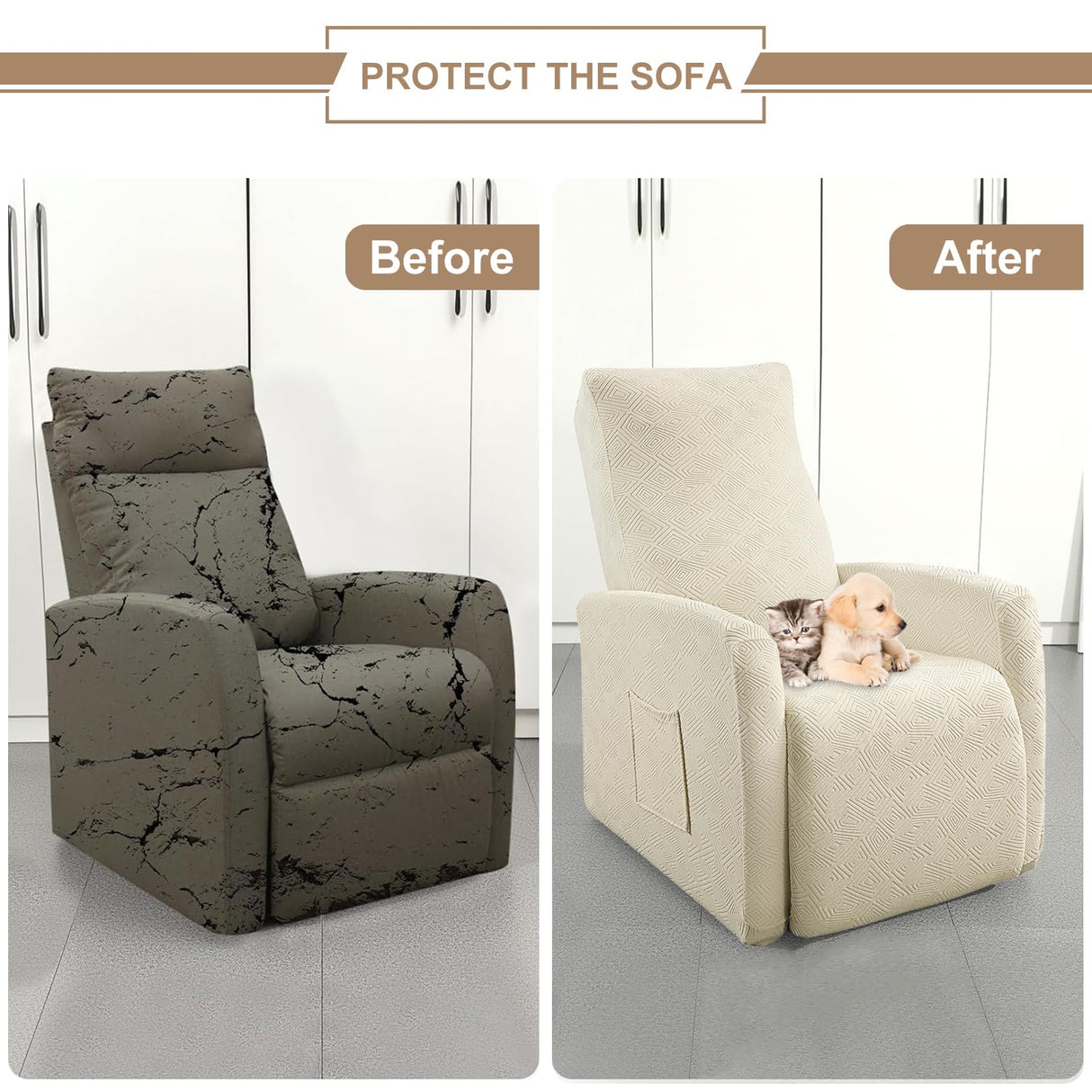 SearchI Recliner Chair Cover Jacquard Chair Covers 4 Piece, Small Recliner Sofa Slipcover for Home Theater Seating with Elastic Bottom, Recliner Protector with Pocket for Recliners, Beige SearchI