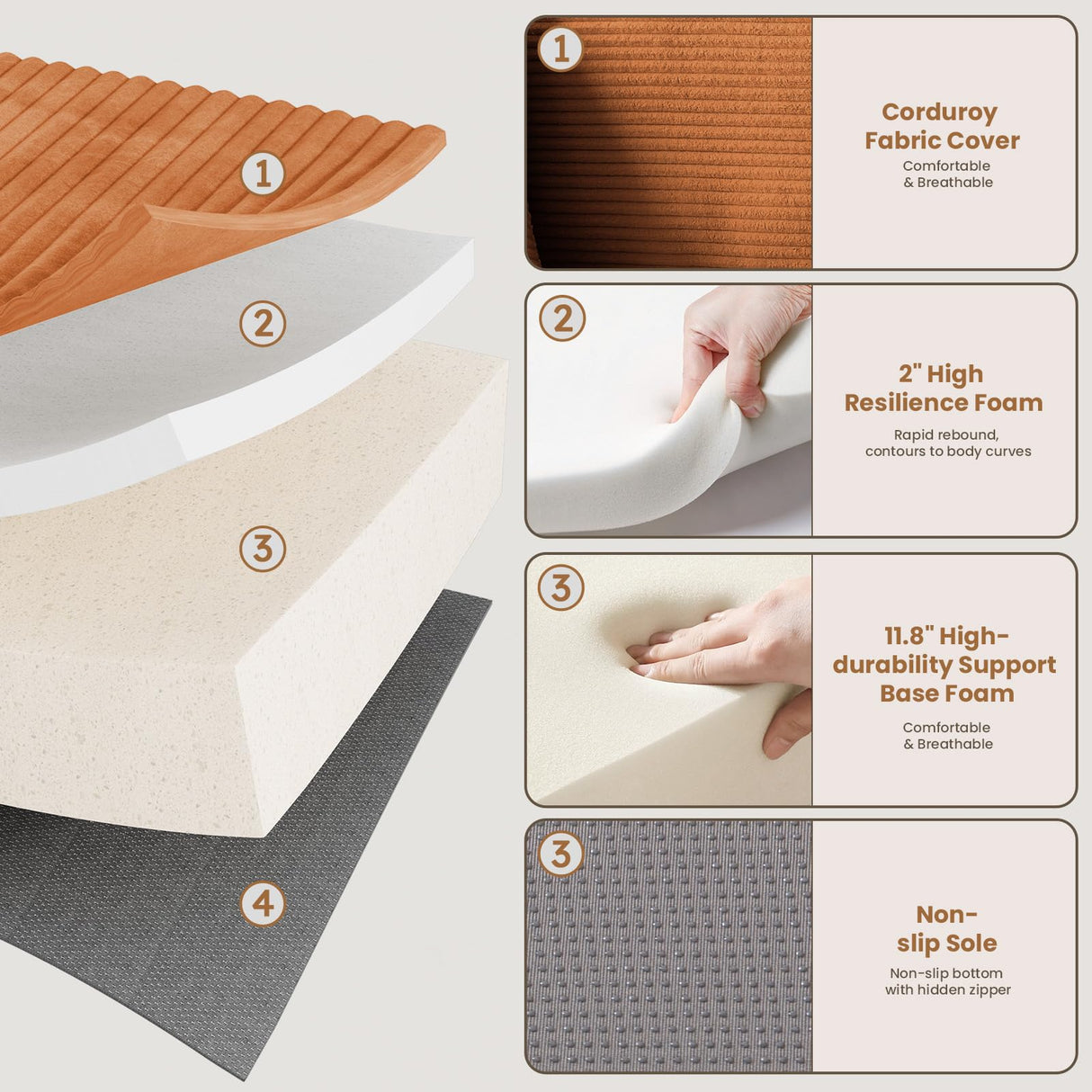 Modular Sectional Sofa, 108" L-Shaped Boneless Couch with Deep Seat, Corduroy Cloud Couch for Living Room, Bedroom, No Assembly Required, Ship in a Box, Orange RUMBALUXY