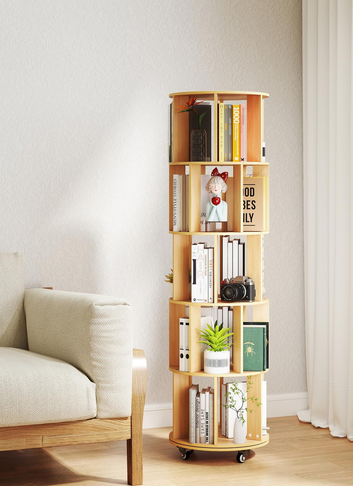 Suuiwau 5-Tier Rotating Bookshelf 360 ° Spinning Bookshelf Tower Wood Revolving Bookcase Corner Kids Bookshelves,Tall Narrow Storage Organizer with Sturdy Construction for Bedroom, Living Room Suuiwau