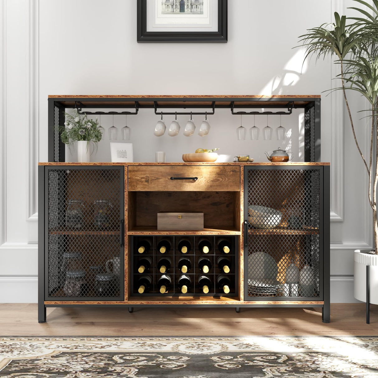 Gyfimoie Wine Bar Cabinet with Drawer and LED Lights, 55 Inches Industry Coffee Bar Cabinet with Wine Rack and Glass Goblet Holder, Kitchen Sideboard Buffet Cabinet for Liquor and Goblet Gyfimoie