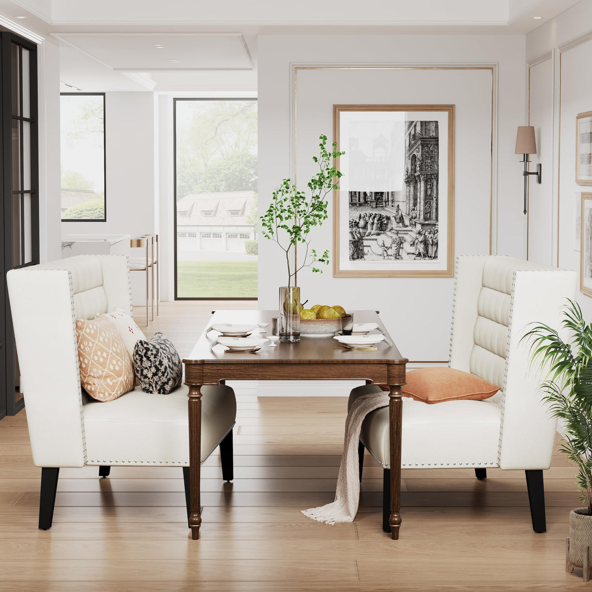 Andeworld Modern Loveseat Settee Bench Sofa Couch, Upholstered Banquette Dining Bench with Back for Dining Living Room Hallway or Entryway Seating,White Andeworld