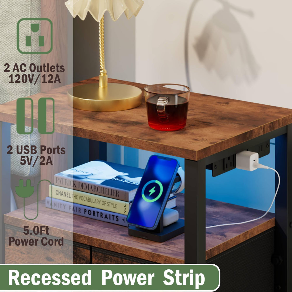 Furnulem Led Nightstand with Charging Station, Bedside Table with 3 Fabric Drawers and Storage Shelf, End Table with USB Ports and Outlets, Small Night Stand for Bedroom, Rustic Brown Furnulem