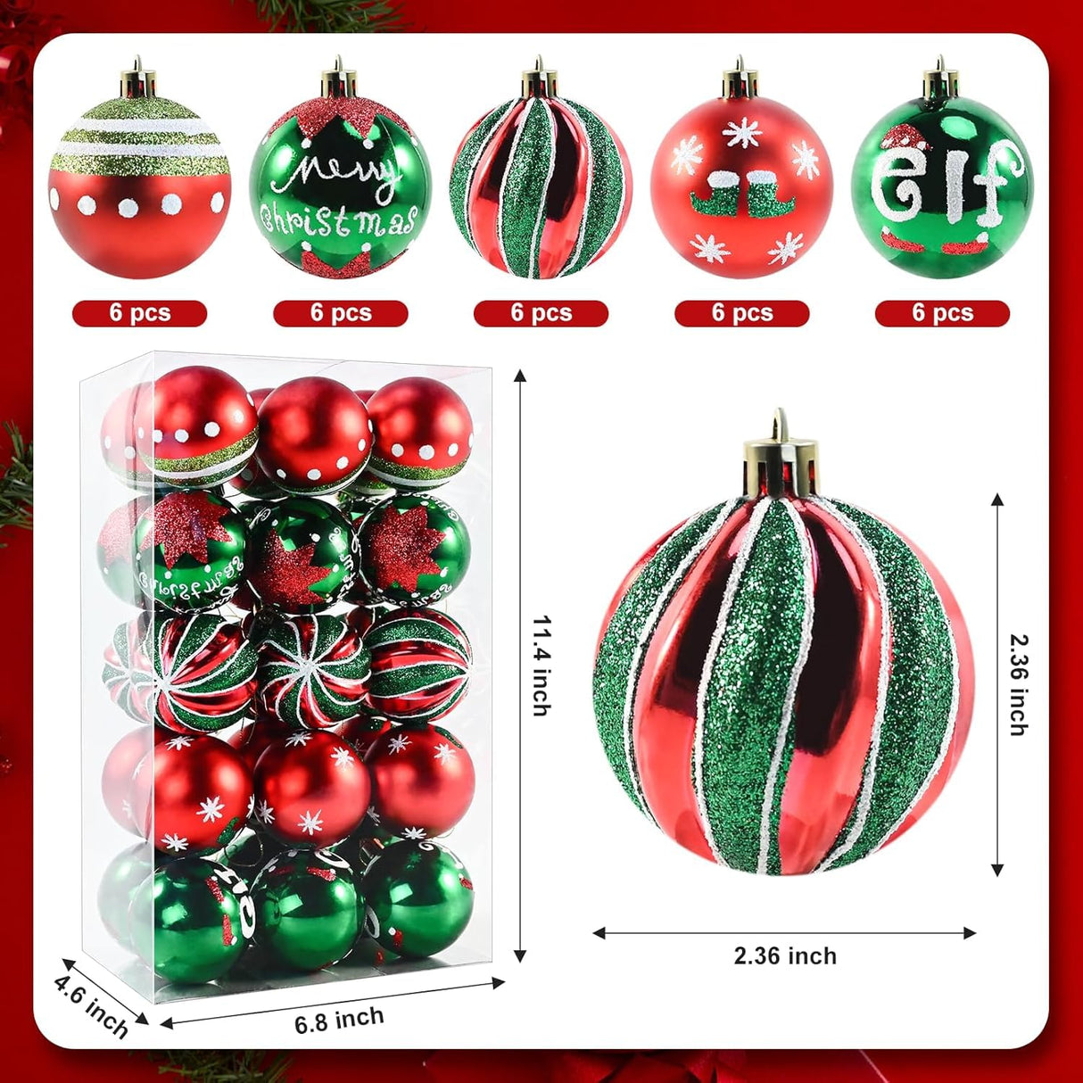 30PCS Christmas Balls Ornaments - 2.36" Red Green White Xmas Balls Decoration, Shatterproof Christmas Balls Ornaments for Christmas Tree, Painting & Glittering Hanging Ball for Party Event(Style-25) AWSL