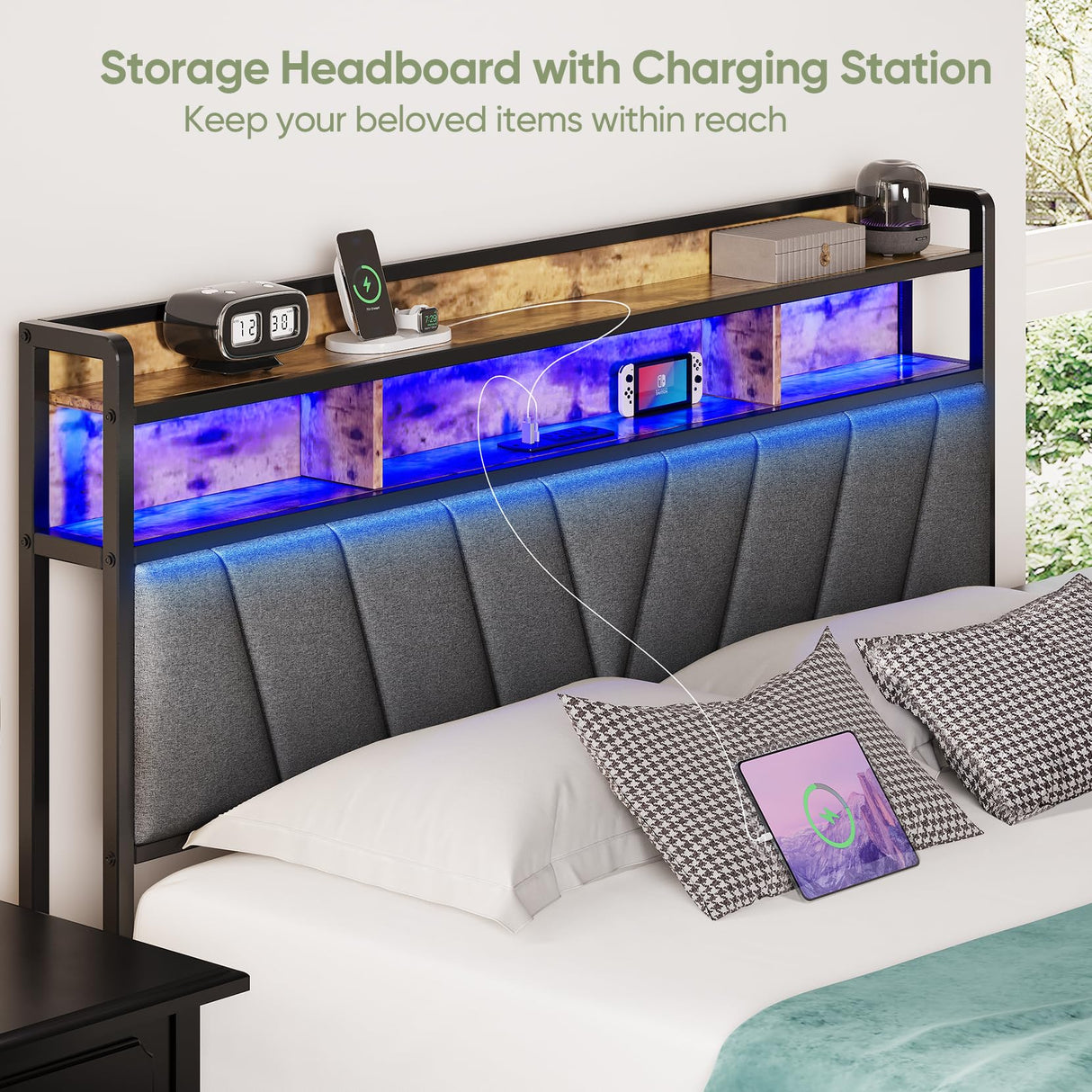 Welzona Full Bed Frames, Metal Bed Frames with Charging Station, LED Lights Bed Frames with Upholstered Storage Headboard, Sturdy and Noise-Free, Storage Space Under Bed, No Box Spring Needed, Brown Welzona