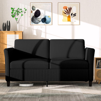 Valthie 60.6" Small Corduroy Loveseat Sofa, Mid-Century Modern 2-Seater Couch with Side Pockets for Small Spaces, Black – Perfect for Living Room, Bedroom, Office & Apartment