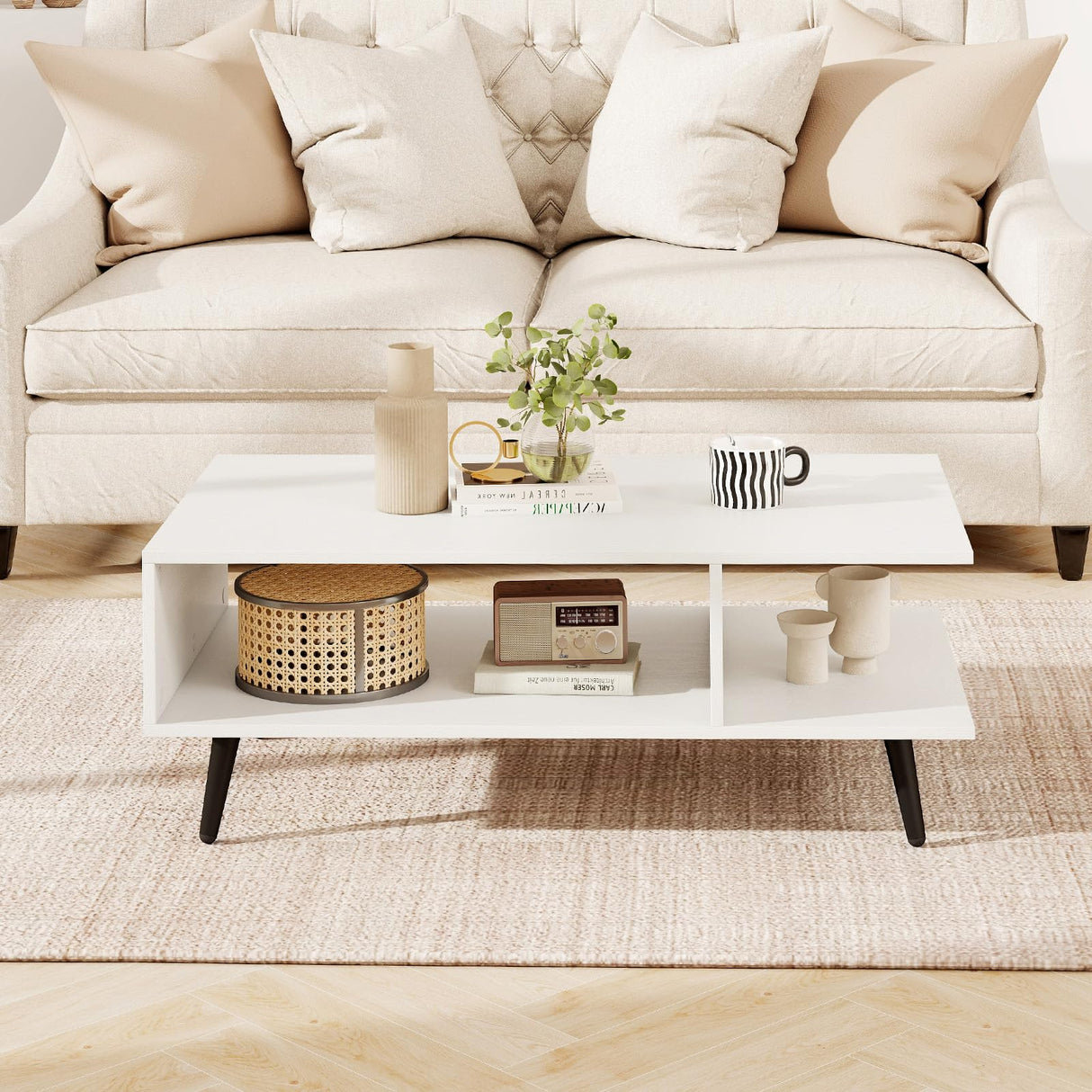 GOFLAME Wood Coffee Table, 2-Tier Mid Century Modern Center Table with 2 Open Storage Compartments & Metal Legs, Rectangular Accent Tea Tables for Living Room, Home Office, Apartment, White GOFLAME