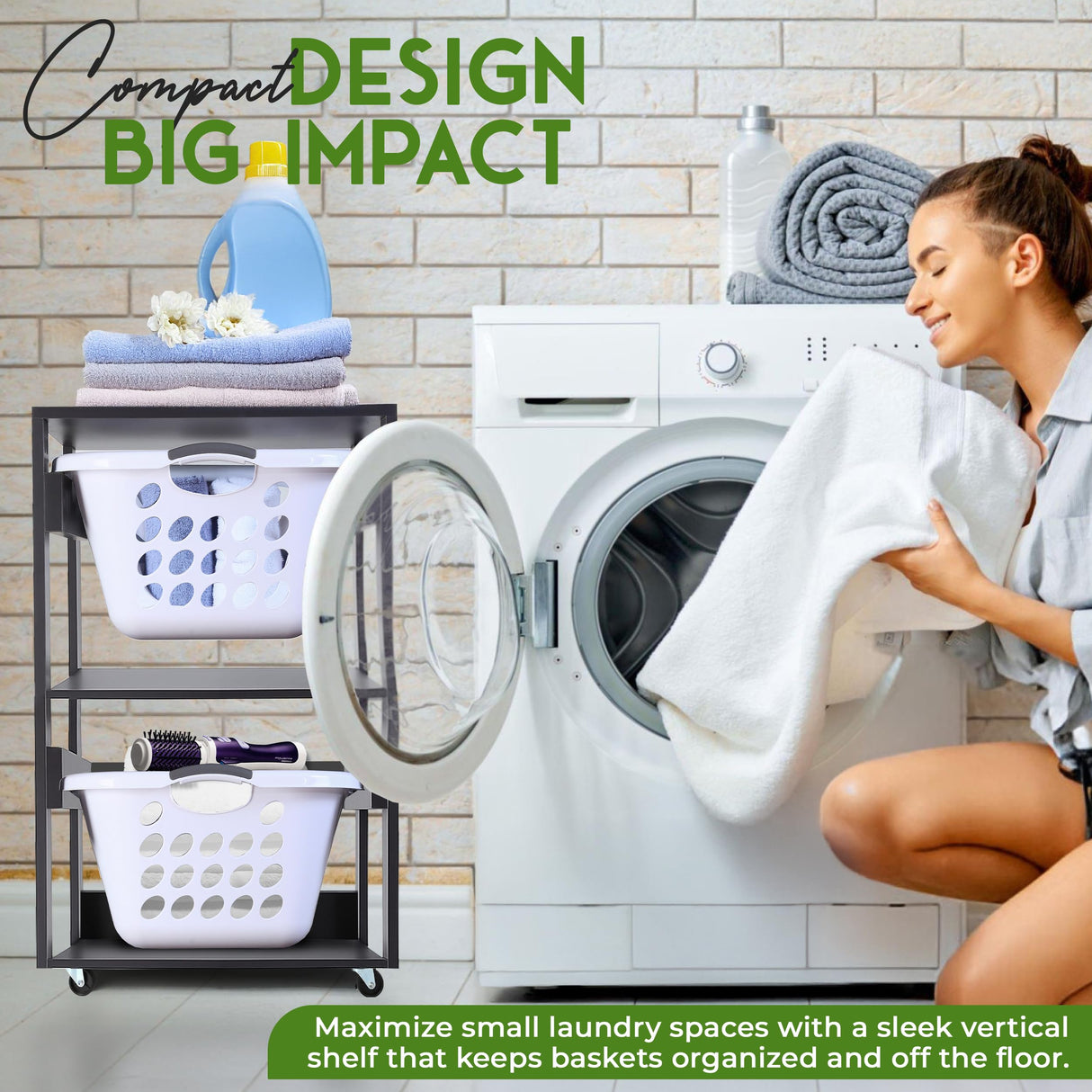 Laundry Basket Holder Shelf (2-Tier) - Stackable Engineered Wood Laundry Tower with Wheels, Tiered Laundry Hamper Organizer for Bathroom, Bedroom LEAPOAK