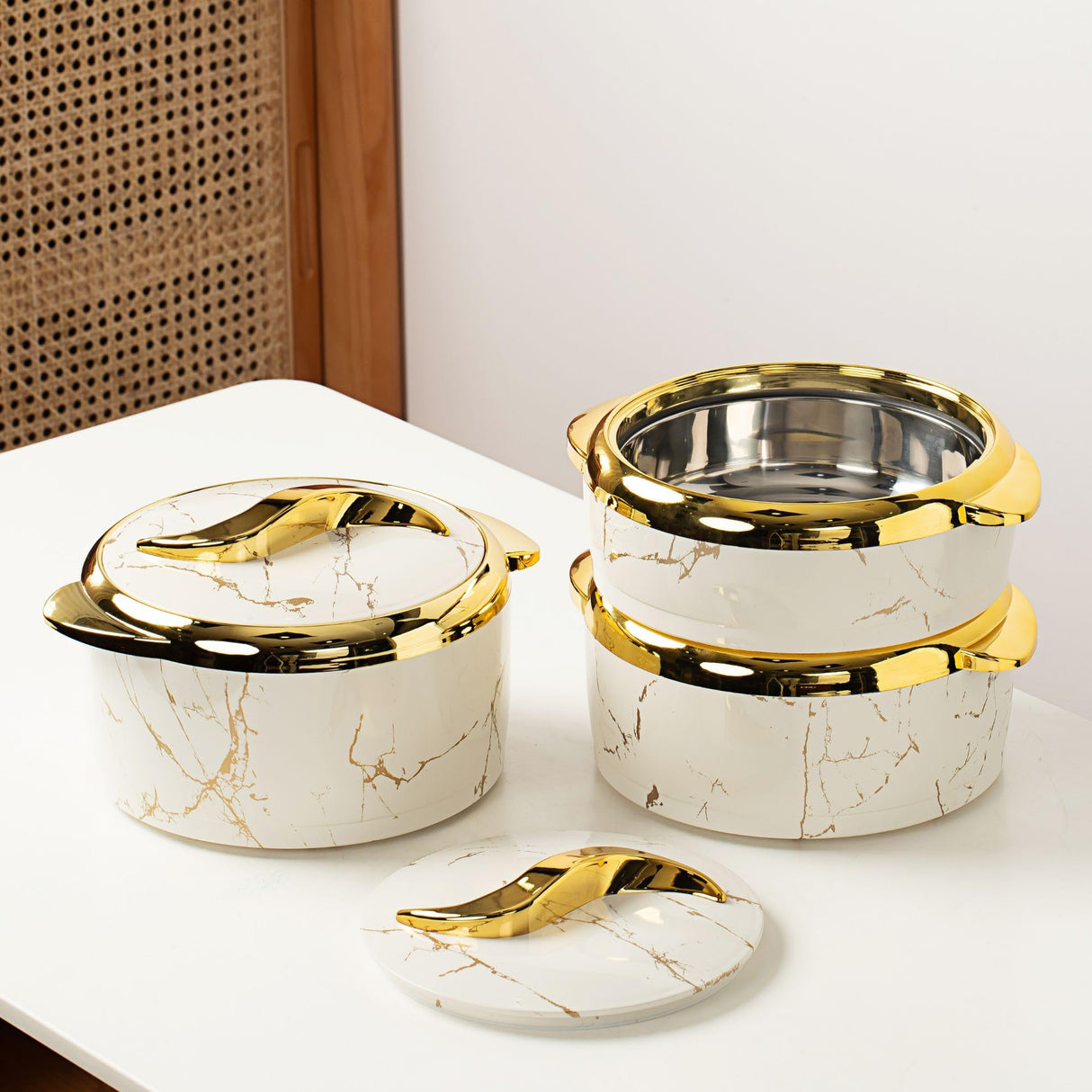 Hywisnok Luxury 3-Piece 2.6/2.1/1.6qt Thermal Casserole Dish Set with Lids, Insulated Stainless Steel Container for Hot & Cold Food, Serving Bowl for Buffets/Parties-Marble White Hywisnok