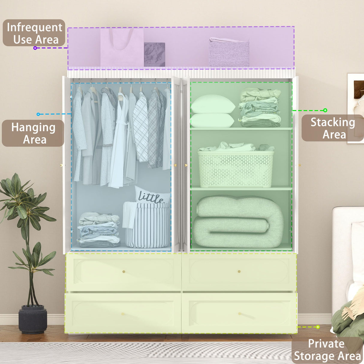 Swyanste White Armoire Wardrobe Closet: 74" Large Wardrobe Closet with 4 Drawers, 4 Door Armoire Wardrobes for Hanging Clothes, Modern Wooden Closets for Bedroom (White) Swyanste