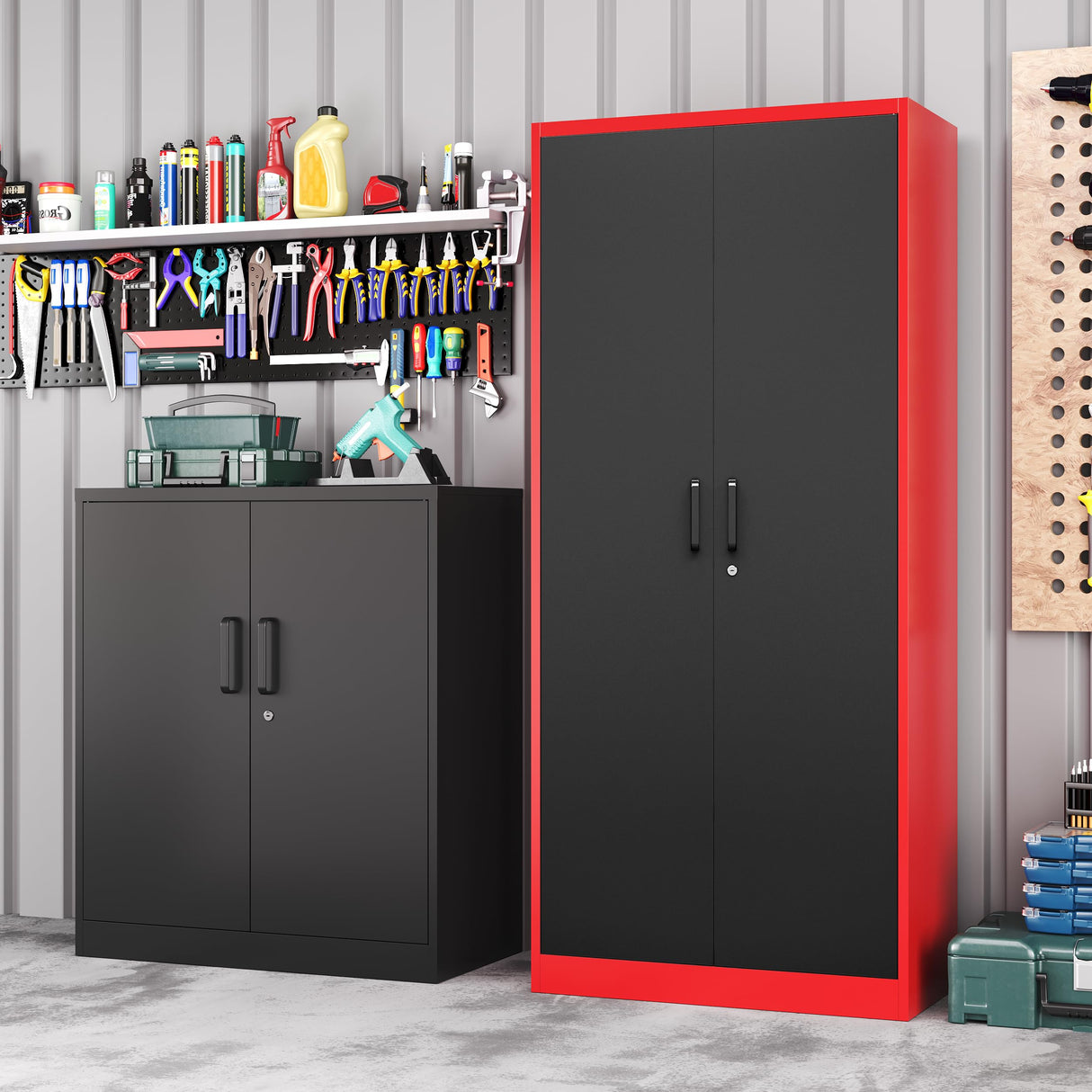 LISSIMO Metal Storage Cabinet with Lock,71 Inch Garage Cabinet with 2 Doors and 5 Adjustable Shelves,Steel Storage Cabinets for Garage,Home Office,Pantry,School(Red & Black) LISSIMO