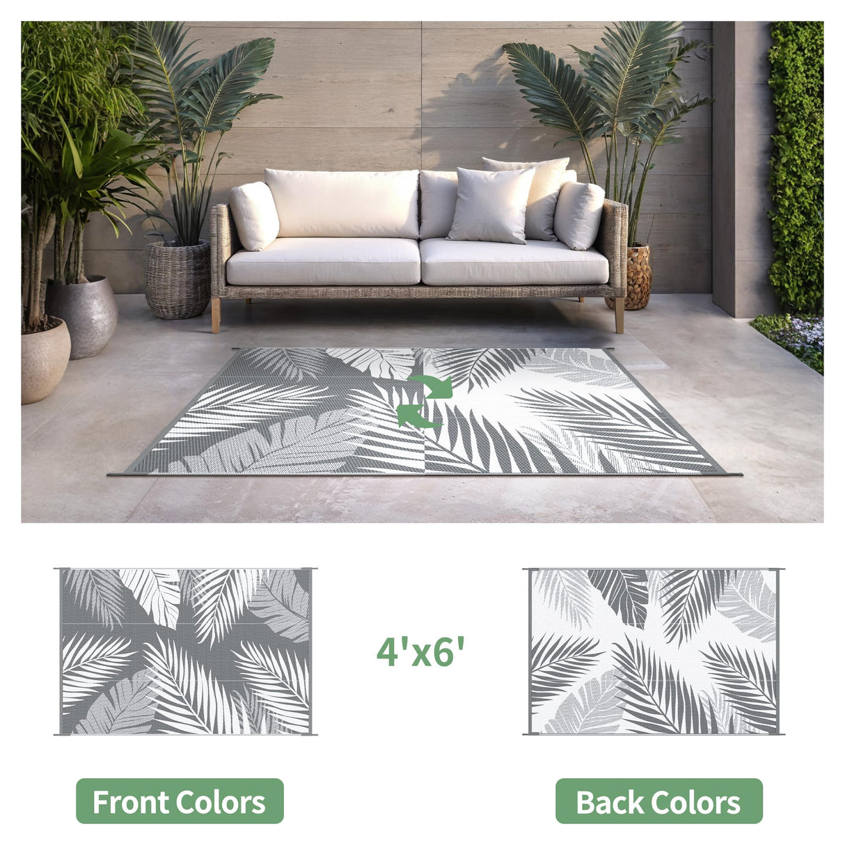 sarben Outdoor Rug 4’x6’ Waterproof for Patio Clearance, Reversible Indoor Outdoor Plastic Straw Camping Rug Carpet, RV Mat, Large Area Rug for Deck, Backyard, Balcony, Porch, Beach, Grey & White sarben