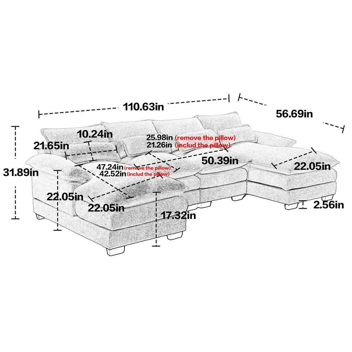 6 Seater Overstuffed Modular Sectional Sofa Cloud Couch with Double Chaise Lounge, U Shaped Chenille Upholstered Leisure Sofa&Couches with Memory Foam and Waist Pillows for Living Room Office Eafurn