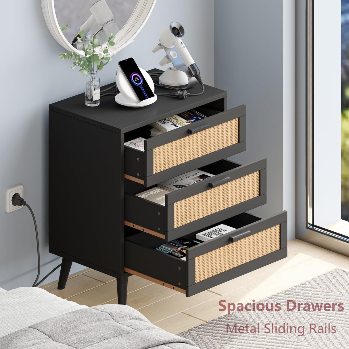 Irontar Rattan Nightstand with Charging Station, Night Stand with 3 Large Rattan Drawers, Accent End Table, Bedside Table with Solid Wooden Legs for Bedroom, Black and Natural BZZ006BME Irontar