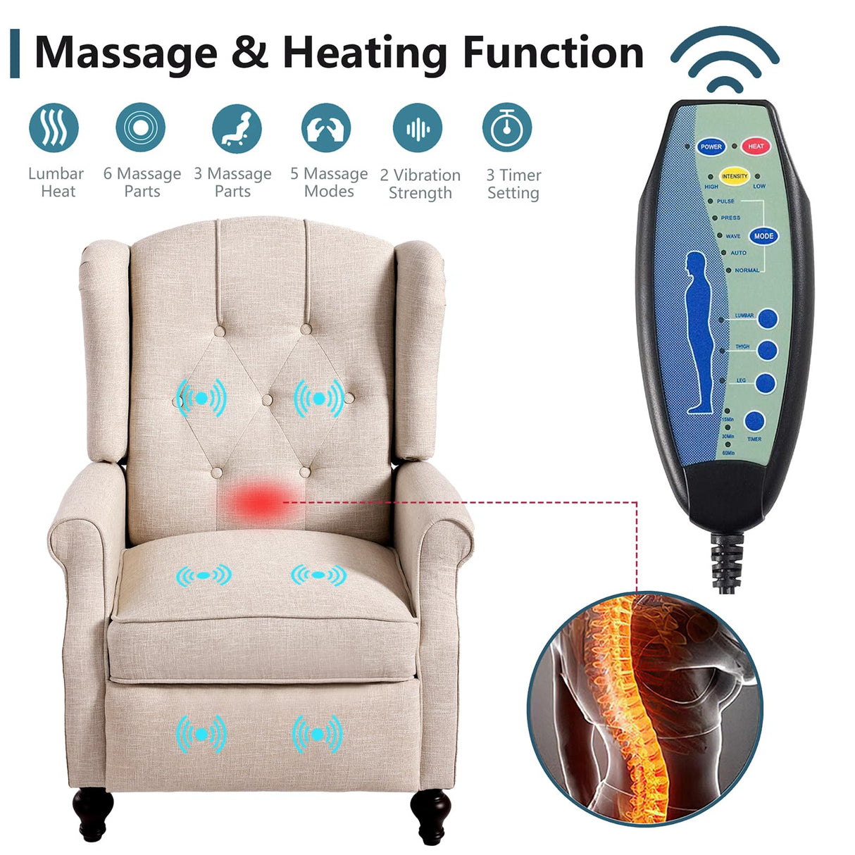 Mid-Century Wingback Recliner Chair with Massage & Heat, Accent Recliner with Nailhead Trim, Armchair with Side Pockets & Solid Wood Legs, Adjustable 3-Position Reclining Chair for Living Room, Beige GUEAPY