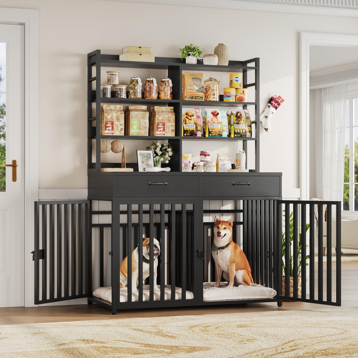 Keyluv 71''H x 47.2''W Large Dog Crate Furniture with 4-Tier Shelves and 2 Storage Drawers, Heavy Duty Dog Cage Furniture with 2 Doors, Wood & Metal Dog Kennel Indoor for Small/Medium/Large Dog, Black Keyluv