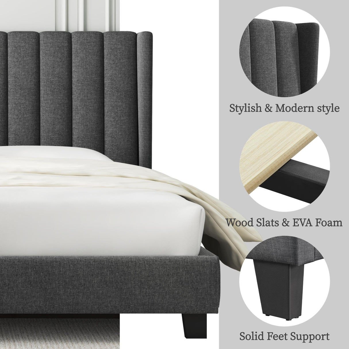 Yaheetech Dark Gray Upholstered King Bed Frame with Wing Design and Wooden Slat Support Yaheetech