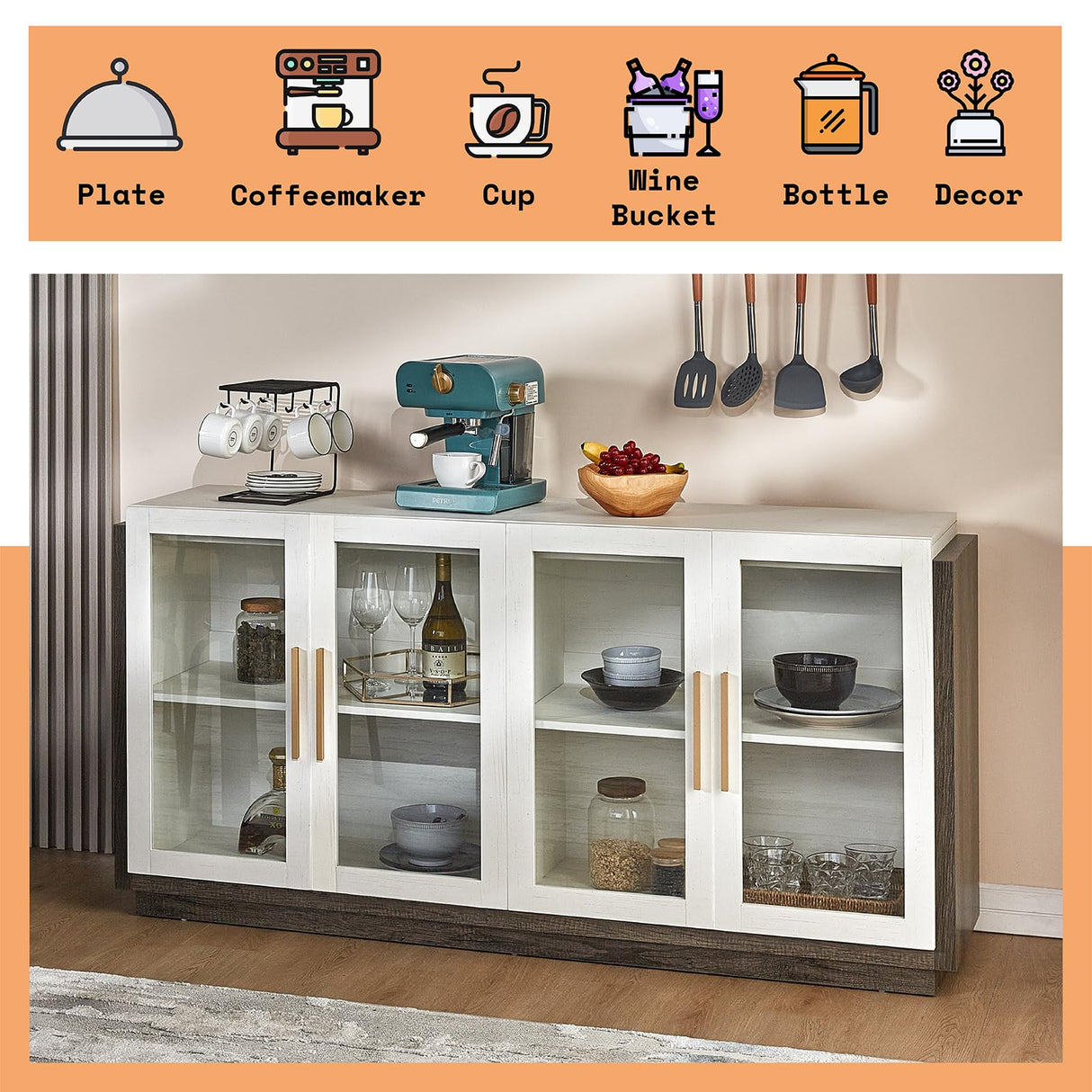 AMERLIFE Sideboard Buffet Cabinet, Mixed Color Accent Cabinet with LED Lights, Modern Glass Doors Storage Cabinet with Adjustable Shelf, Console Table for Dining, Living Room, White and Grey AMERLIFE