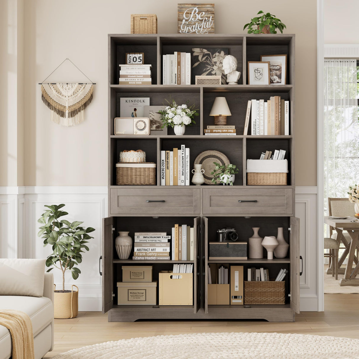 HOSTACK 71" Tall Bookcase with Drawers and Doors, 47" Wide Book Shelf and Bookcase with Storage, 6 Tier Large Book Storage Cabinet with Display Shelves for Living Room, Home Office, Ash Grey HOSTACK