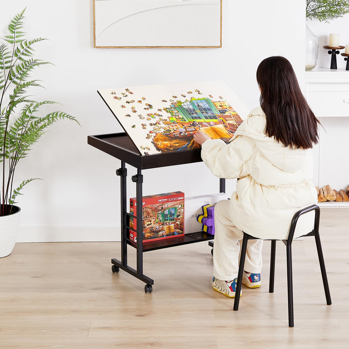 URFORESTIC 1500 Piece Jigsaw Puzzle Table with Legs,Rolling Jigsaw Puzzle Desk,35” X 25.2” Wooden Jigsaw Puzzle Board with Protective Cover for Adults(Dark Brown) URFORESTIC