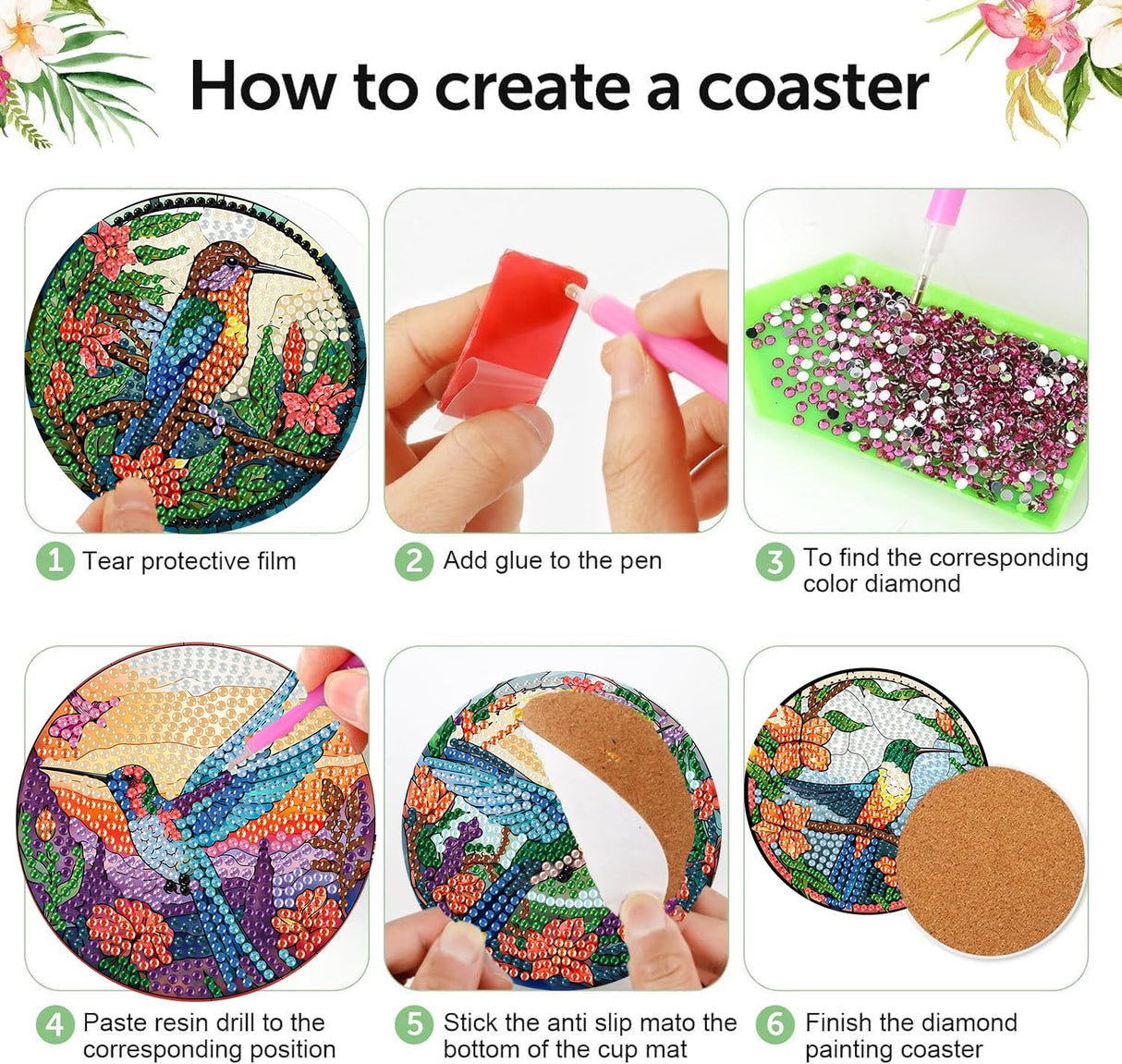 mrpwnle 8 PCS Diamond Painting Art Coaster Set with Holder Diamond Art Coasters DIY Hummingbird Diamond Painting Coasters Kit for Adults Beginners Bird Diamond Art Coasters Crafts Supplies mrpwnle