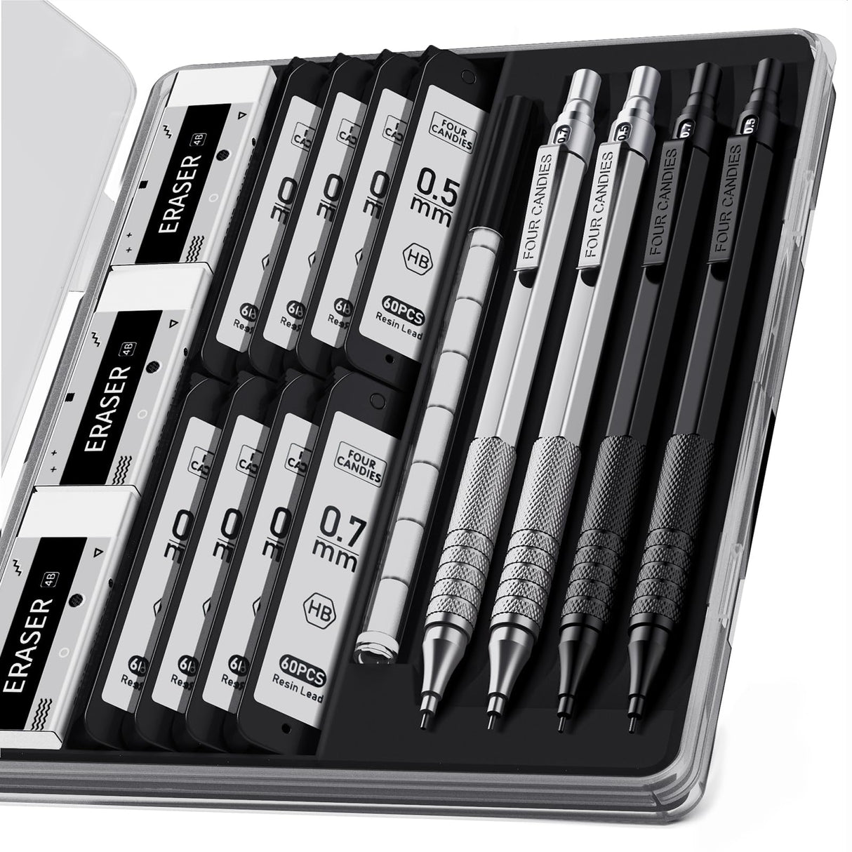 Four Candies 4PCS Metal Mechanical Pencils Set with Case, 0.5mm & 0.7 mm Artist Pencil with 8 Tubes (480PCS) HB Lead Refills, 3 Erasers,9 Eraser Refills For Writing Drafting, Drawing, Black&Silver Four Candies