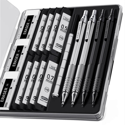 Four Candies 4PCS Metal Mechanical Pencils Set with Case, 0.5mm & 0.7 mm Artist Pencil with 8 Tubes (480PCS) HB Lead Refills, 3 Erasers,9 Eraser Refills For Writing Drafting, Drawing, Black&Silver
