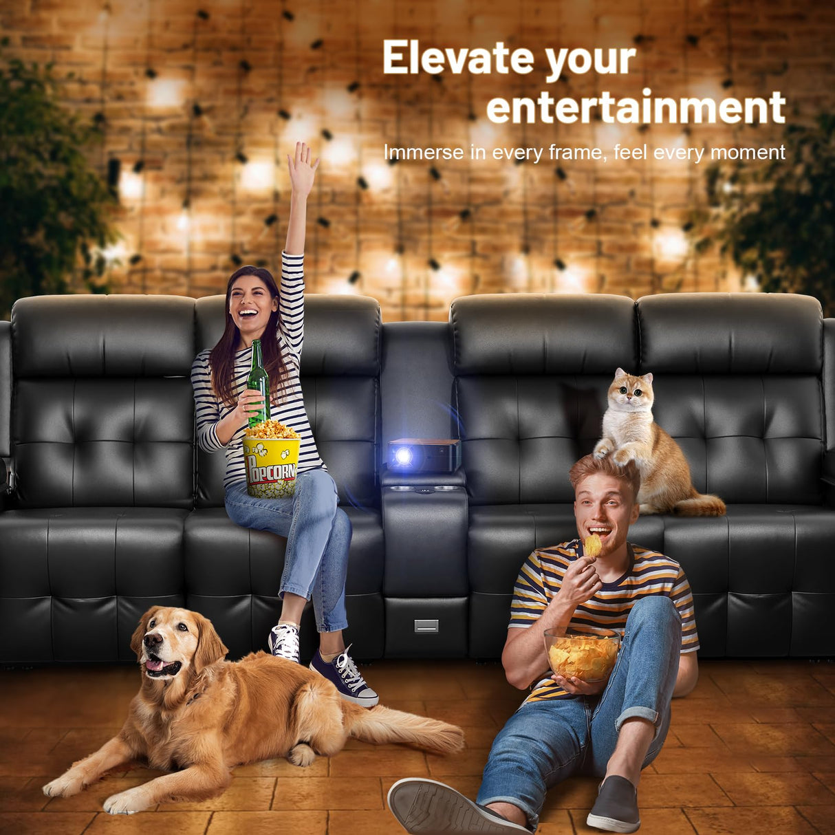 Massage Loveseat Recliner, PU Leather Home Theater Seating with Center Console, USB Charging & Cup Holders, Ergonomic Couch Sofa for Movie or Gaming (Black, 4-Seater) TOMOSLTER