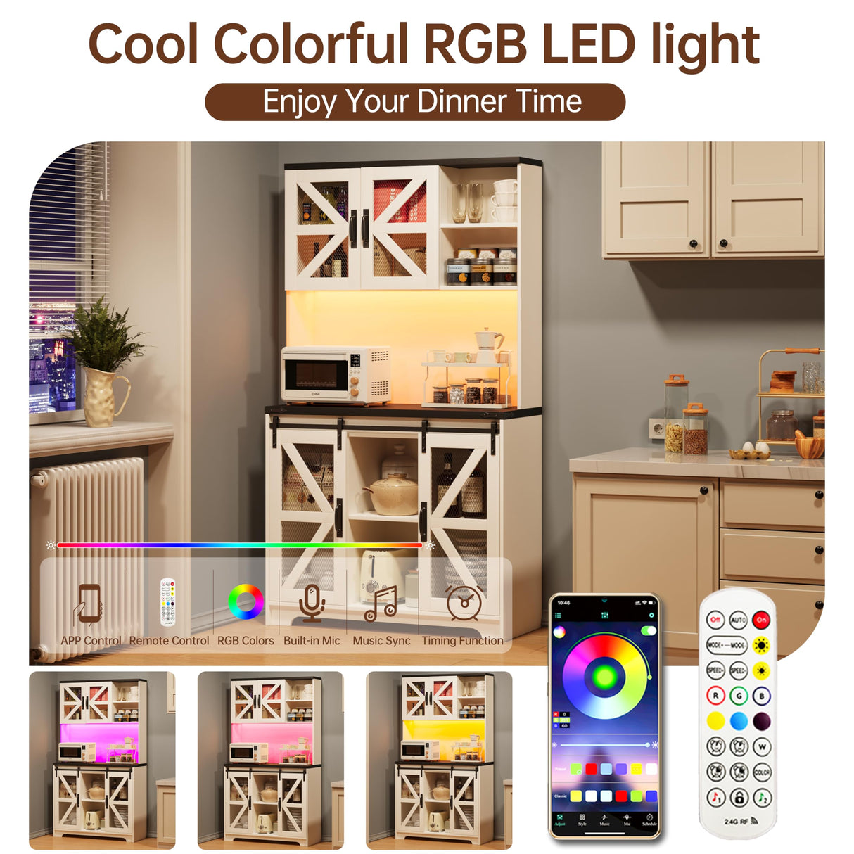 71" Tall Farmhouse Kitchen Pantry Storage Cabinet, Kitchen Storage Cabinets with LED Lights and Charging Station, Pantry Cabinet with Adjustable Shelves and Sliding Doors, Cupboard for Kitchen, White PPorfamilia