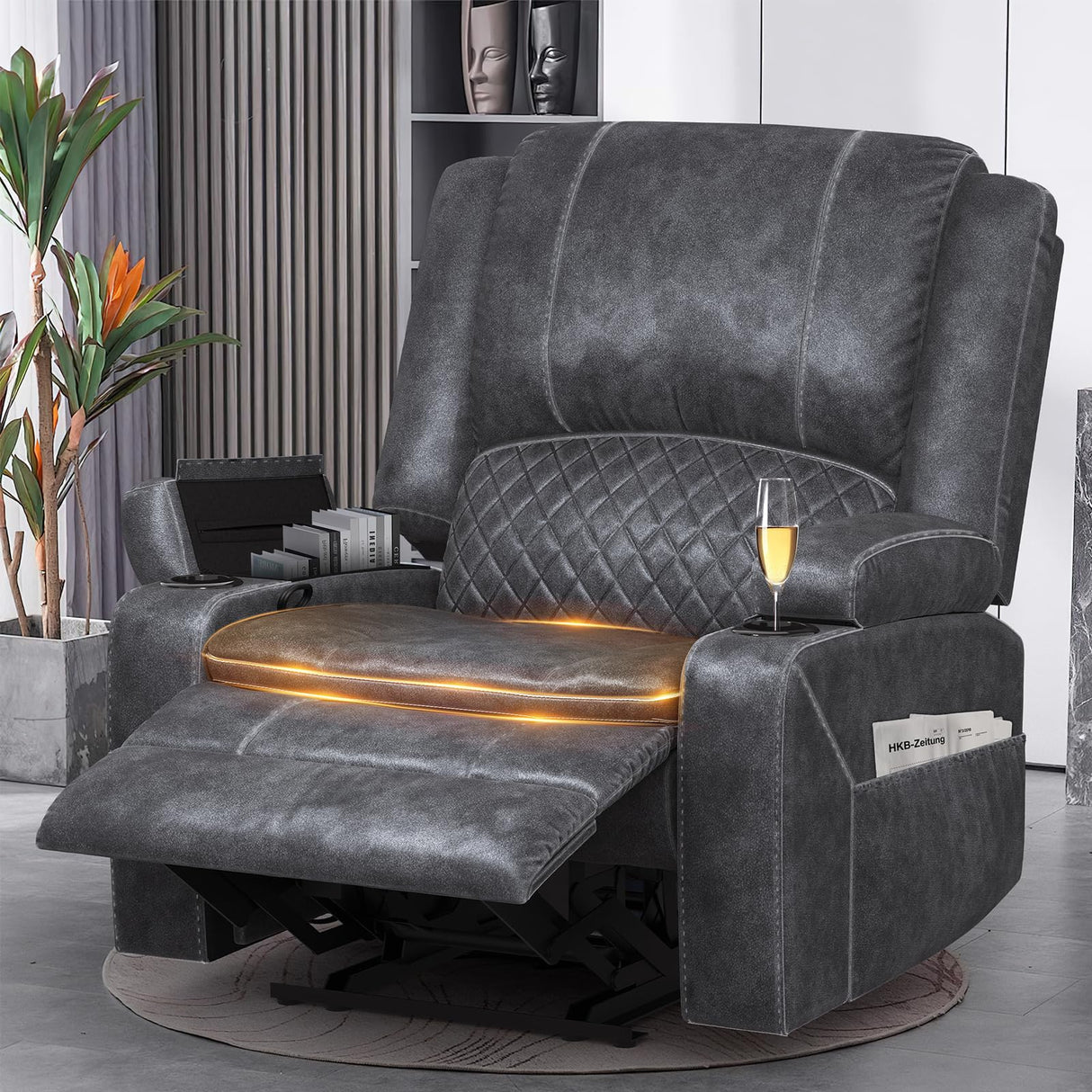 Yolsali Recliner Chairs for Adults, Oversize Manual Reclining Chair with 2-Tier Cushions, Dutch Velvet Recliner Chair with Hidden Storage Space, Living Room Recliner Chairs with Cup Holders - Grey Yolsali