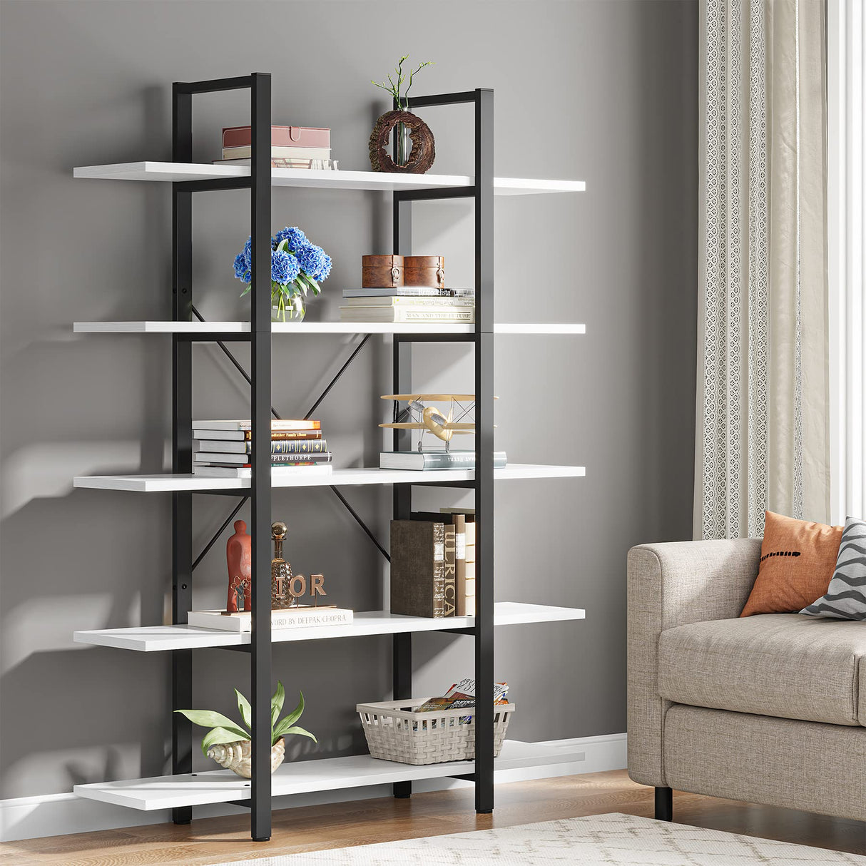 Vintage Industrial 5-Tier Bookshelf by Tribesigns - Extra Large White Bookcase for Stylish Storage Tribesigns
