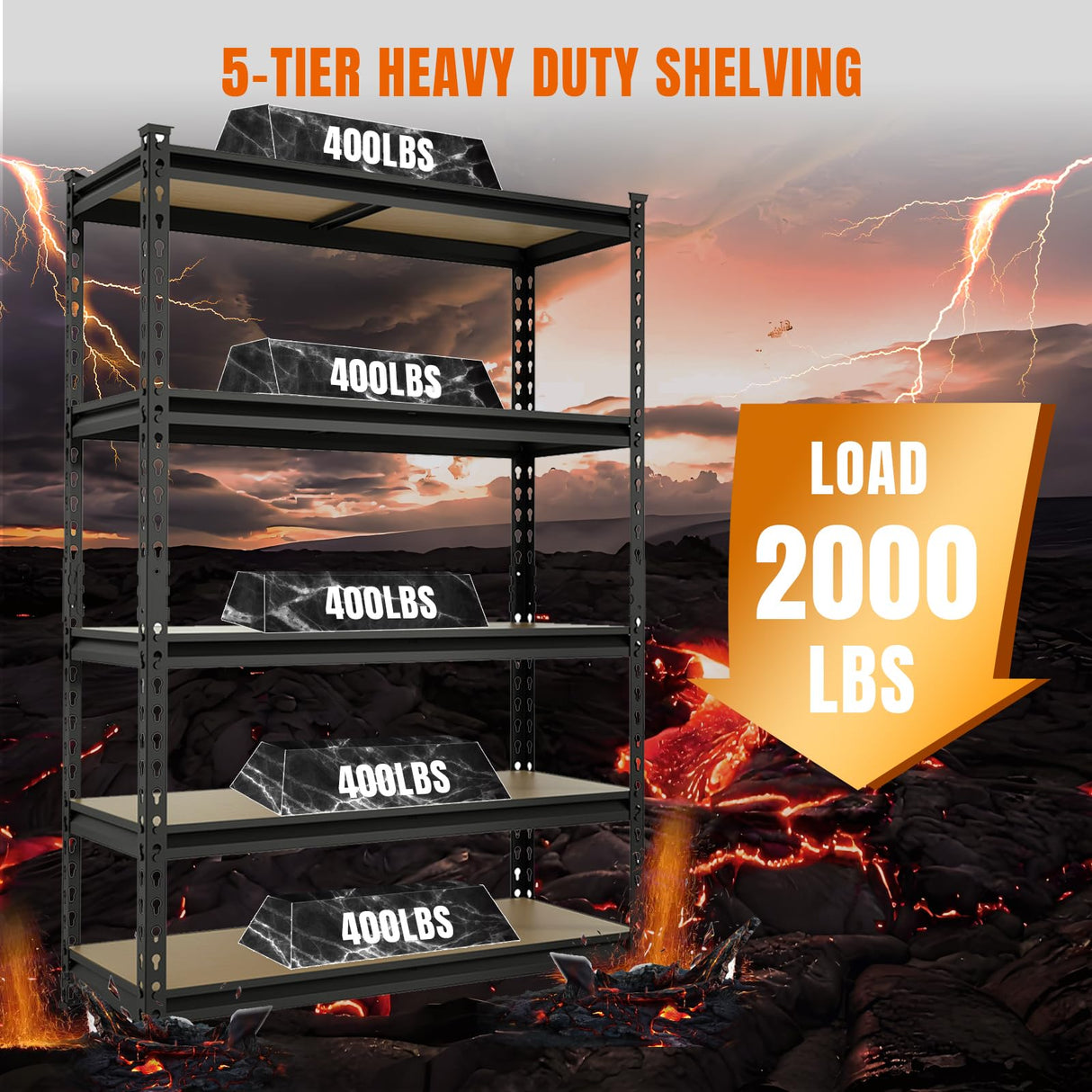 BIG RED Storage Shelving Unit, 5-Tier Adjustable, Heavy Duty Metal Garage Shelves/Utility Rack for Kitchen, Pantry, Basement, Bathroom, Laundry - 2,000 lbs Capacity, Black, 72" H x 48" W x 18" D BIG RED