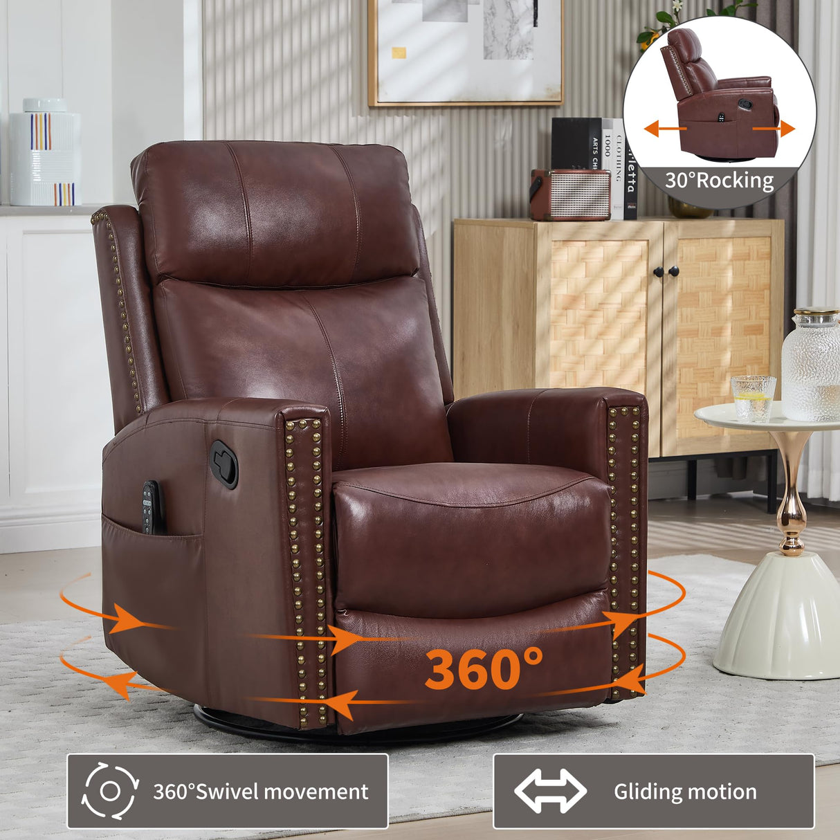 KEIKI Genuine Leather Recliner Chair with Heat & Massage, Manual Rocker and 360° Swivel Recliner, Heavy Duty Cushion Back Armchair for Living Room, Burgundy KEIKI