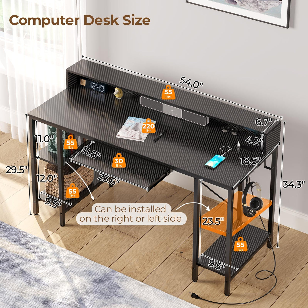 Rolanstar Computer Desk with LED Lights & Power Outlets, 54” Gaming Desk with Storage Shelves, Home Office Desk with Keyboard Tray & Monitor Stand, with Hooks, Carbon Fiber Surface Black Rolanstar