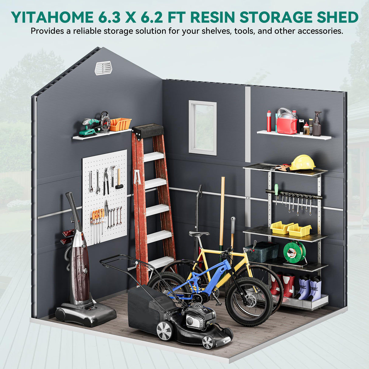 YITAHOME 6x6FT Resin Storage Unit sans Flooring, All-Weather Plastic Shed with Window, Vents and Secured Doors, Outdoor Plastic Tool Cabin for Poolside, Lawn, Backyard, Patio, Dark Gray YITAHOME