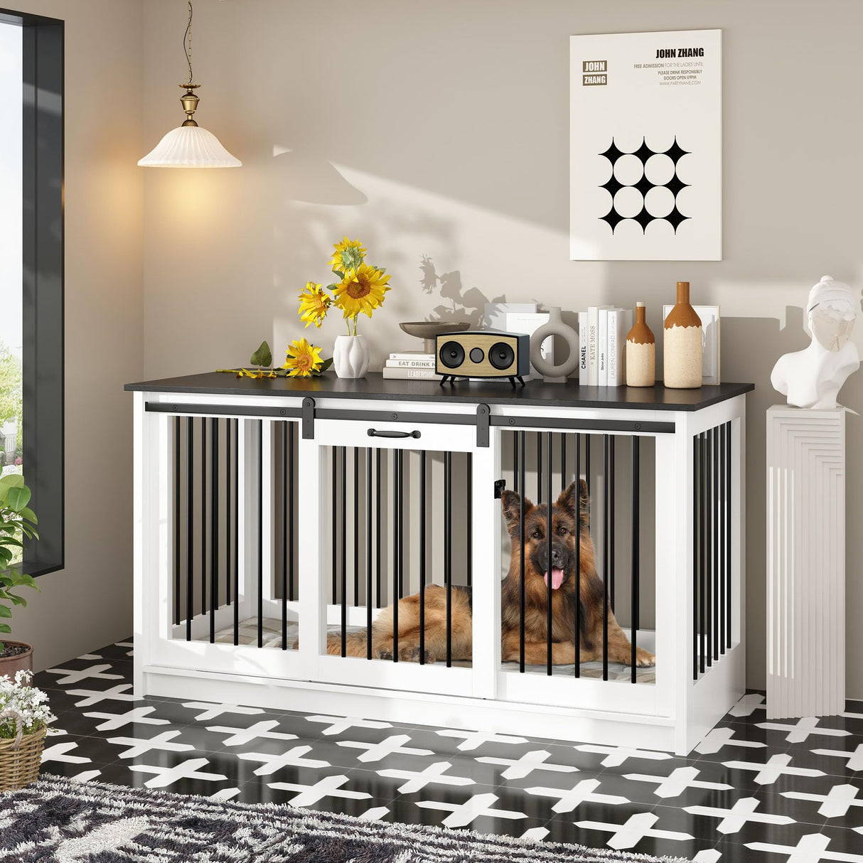 DAWNSPACES Extra Large Dog Crate Furniture, 55" Indoor Heavy Duty Dog Kennel House with Sliding Doors, Furniture Style Dog Crate Table Side End Table TV Stand for XL Large Medium Breed Dogs, White DAWNSPACES