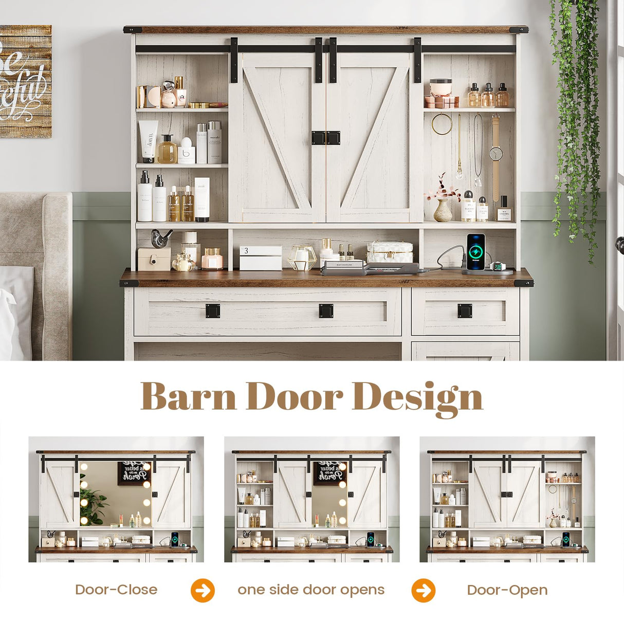 AOGLLATI Makeup Vanity with Lights & Barn Doors, Vanity Desk with Mirror and Lights & Charging Station, Farmhouse White Vanity Table with Jewelry Hooks and Open Storage Shelves AOGLLATI