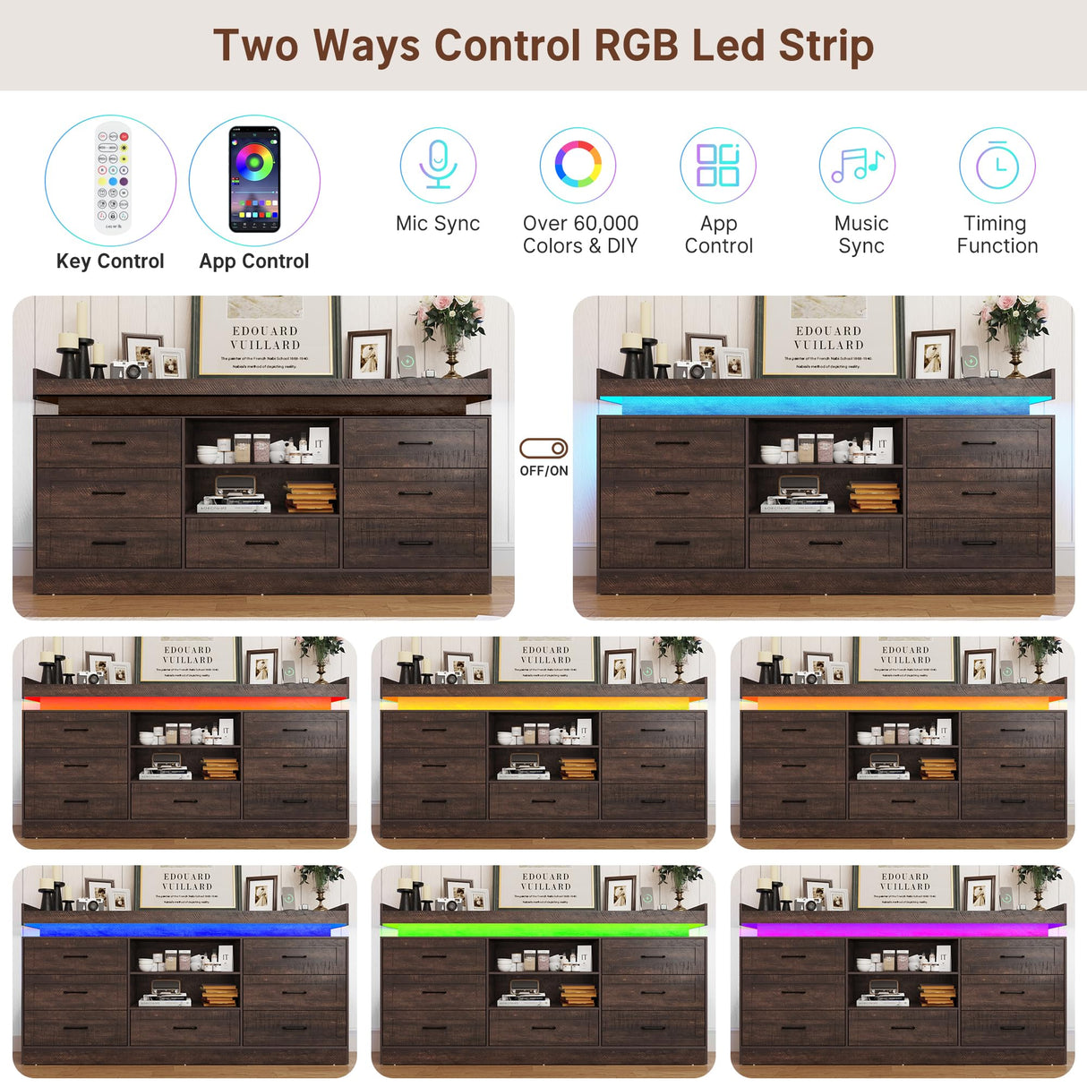 70" Large Farmhouse 7 Drawers Dresser for Bedroom with LED Light and Power Outlets + 2 Open Storage Shelves,Wide 7 Chests of Drawers for Closet,Storage Dressers Organizer for Bedroom(Antique Brown) Hlivelood