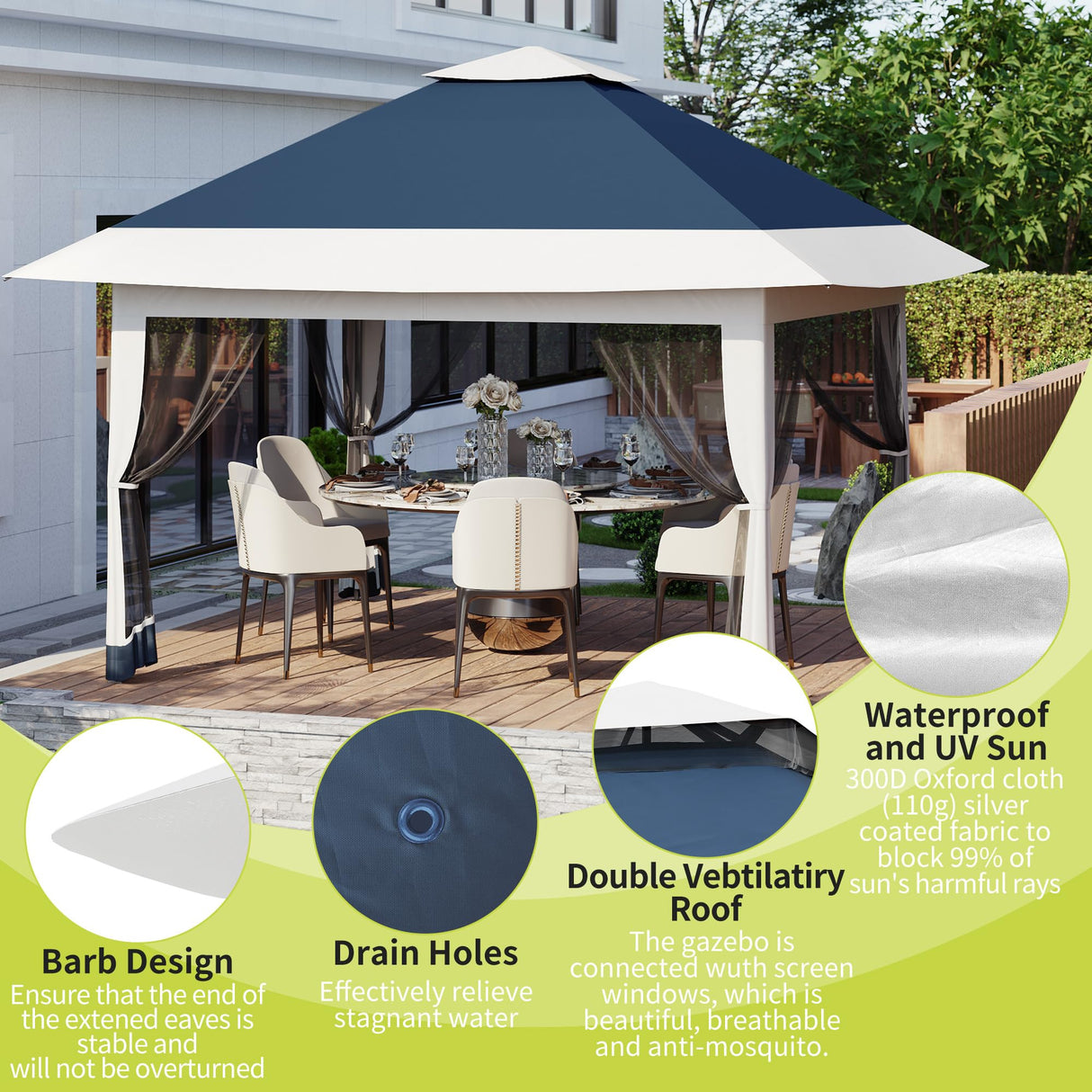 12x12ft Patio Gazebo, Outdoor Canopy with Mesh Walls, Pop Up Gazebo Tent with 4 Ropes 8 Stakes & Portable Carrying Bag, Double Roof, Easy Up Pavilion for Outside Garden, Backyard, Lawn Hipicute