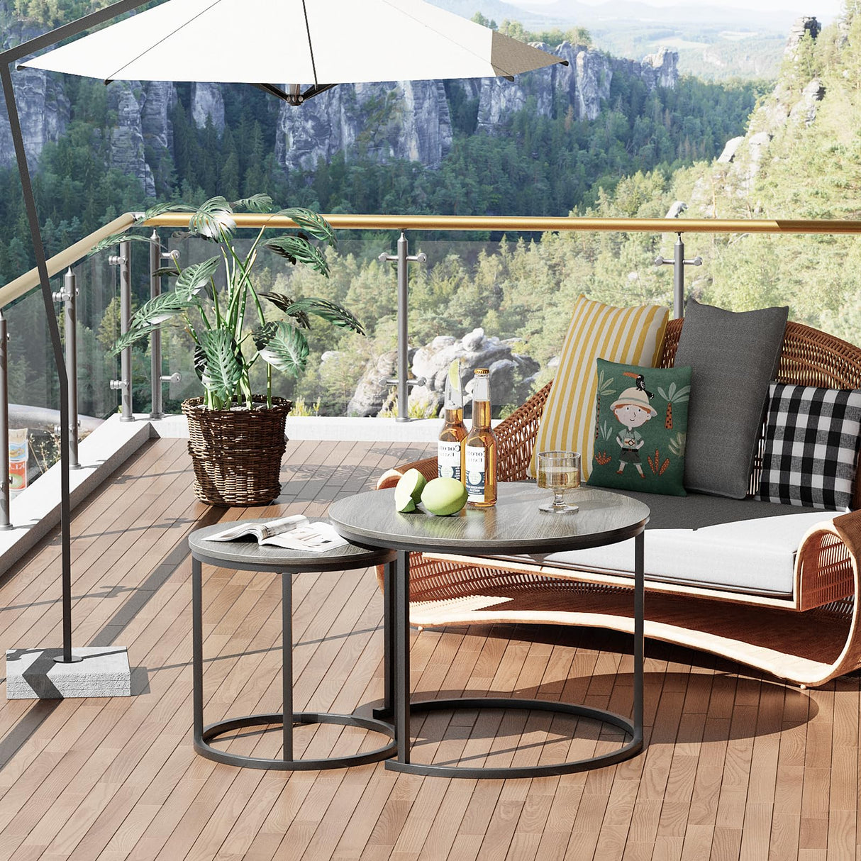 VILAWLENCE Nesting Coffee Table Set of 2, Modern Round Side Table End Tables for Living Room Bedroom Balcony,Grey Wooden Stacking Accent Coffee Tables with Metal Frame VILAWLENCE